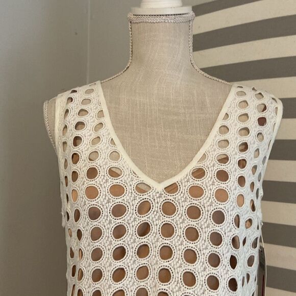 Tracy Reese White & Taupe Eyelet Lace Front Sleeveless Midi Dress Size Small NEW - Picture 2 of 10